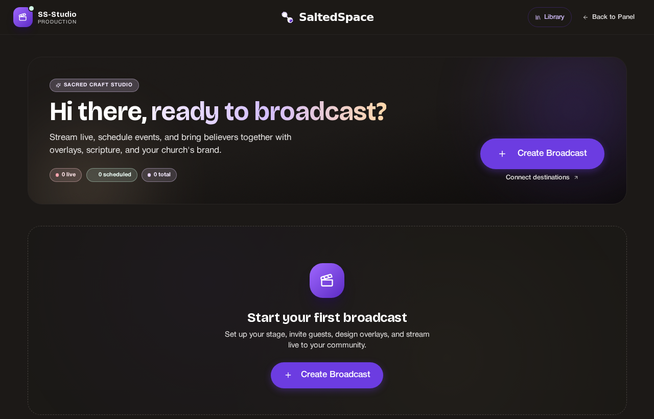 SaltedSpace Live broadcast studio — schedule events, go live, and manage recordings
